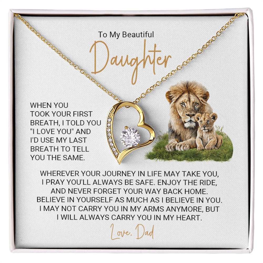 Forever Love Necklace for Daughter – Meaningful Gift from Dad, Heart Pendant Necklace with Lion Father & Daughter Message Card