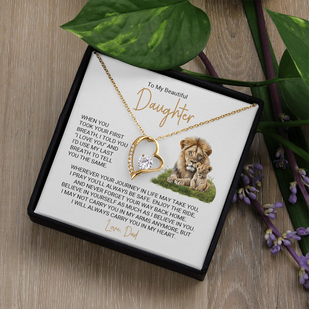 Forever Love Necklace for Daughter – Meaningful Gift from Dad, Heart Pendant Necklace with Lion Father & Daughter Message Card