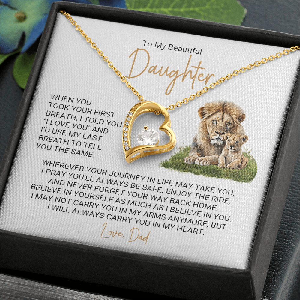 Forever Love Necklace for Daughter – Meaningful Gift from Dad, Heart Pendant Necklace with Lion Father & Daughter Message Card