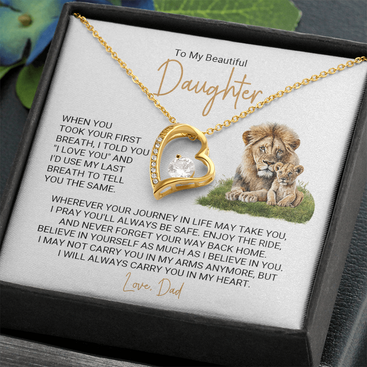 Forever Love Necklace for Daughter – Meaningful Gift from Dad, Heart Pendant Necklace with Lion Father & Daughter Message Card