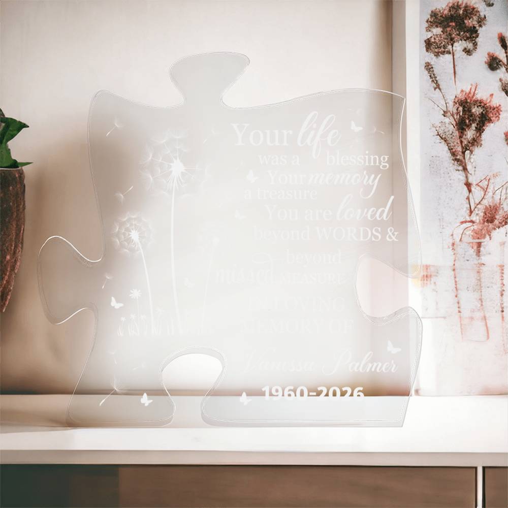 Personalized memorial acrylic puzzle plaque with dandelion remembrance design