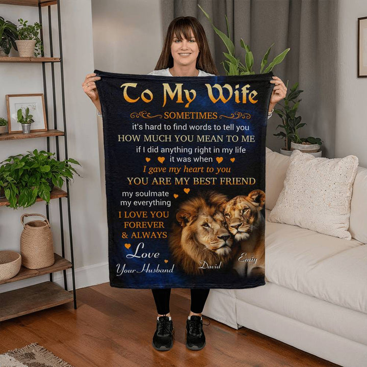 To My Wife Blanket with Lion Couple Design – Personalized Romantic Throw Blanket Gift from Husband, Anniversary or Wedding Keepsake