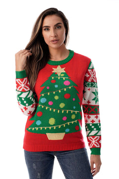 Women's Classic Ugly Christmas Tree Sweater - Red & Green - XL
