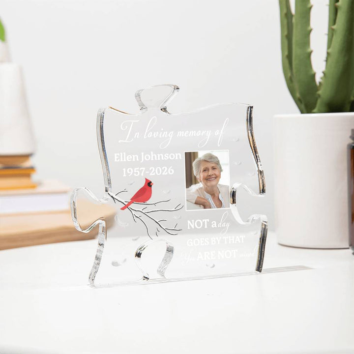 Personalized memorial acrylic puzzle plaque with custom photo, name, and dates. A meaningful in loving memory keepsake for honoring a loved one.