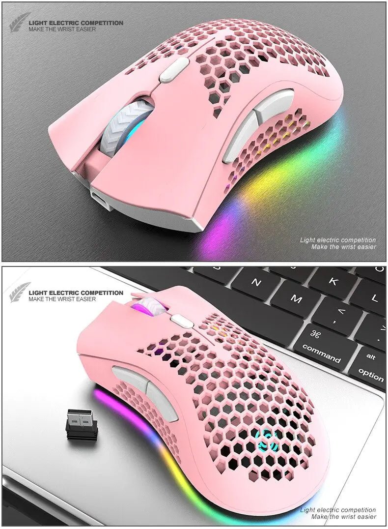 BM600 Rechargeable Wireless RGB Gaming Mouse – 2.4G/Wired Dual - Mode, Honeycomb Shell (Black/White/Pink/Blue) - Whimsical Shoppe