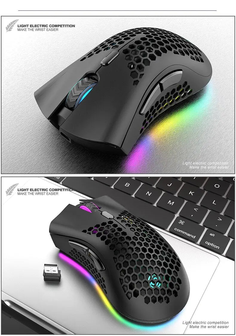 BM600 Rechargeable Wireless RGB Gaming Mouse – 2.4G/Wired Dual - Mode, Honeycomb Shell (Black/White/Pink/Blue) - Whimsical Shoppe