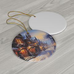 Custom Ceramic Christmas  Winter Walk Ornament – Porcelain Circle, Front Print, Ribbon Included