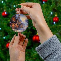 Custom Ceramic Christmas  Winter Walk Ornament – Porcelain Circle, Front Print, Ribbon Included