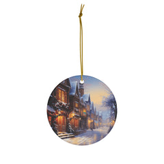 Custom Ceramic Christmas  Winter Walk Ornament – Porcelain Circle, Front Print, Ribbon Included