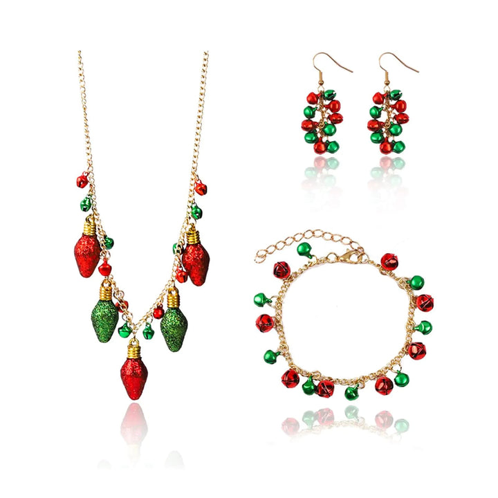 Christmas Jewelry Set for Women – Jingle Bell Necklace & Earrings, Red/Green Beaded Bow Design (Stocking Stuffer) - Whimsical Shoppe