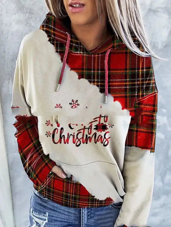 Christmas Print Contrast Hoodie Sweater - Red Polyester (S - 3XL) - Whimsical Shoppe