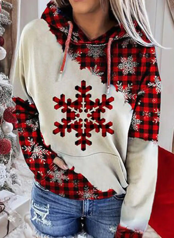 Christmas Print Contrast Hoodie Sweater - Red Polyester (S - 3XL) - Whimsical Shoppe
