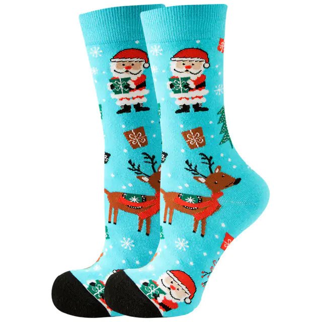 Christmas Santa & Elk Socks for Women - Striped Cotton (13 Colors) - Whimsical Shoppe
