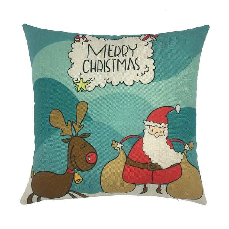 Christmas Santa & Reindeer Cotton Linen Pillow Cover (45x45cm) - Whimsical Shoppe