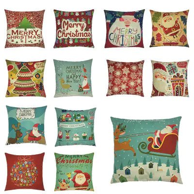 Christmas Santa & Reindeer Cotton Linen Pillow Cover (45x45cm) - Whimsical Shoppe