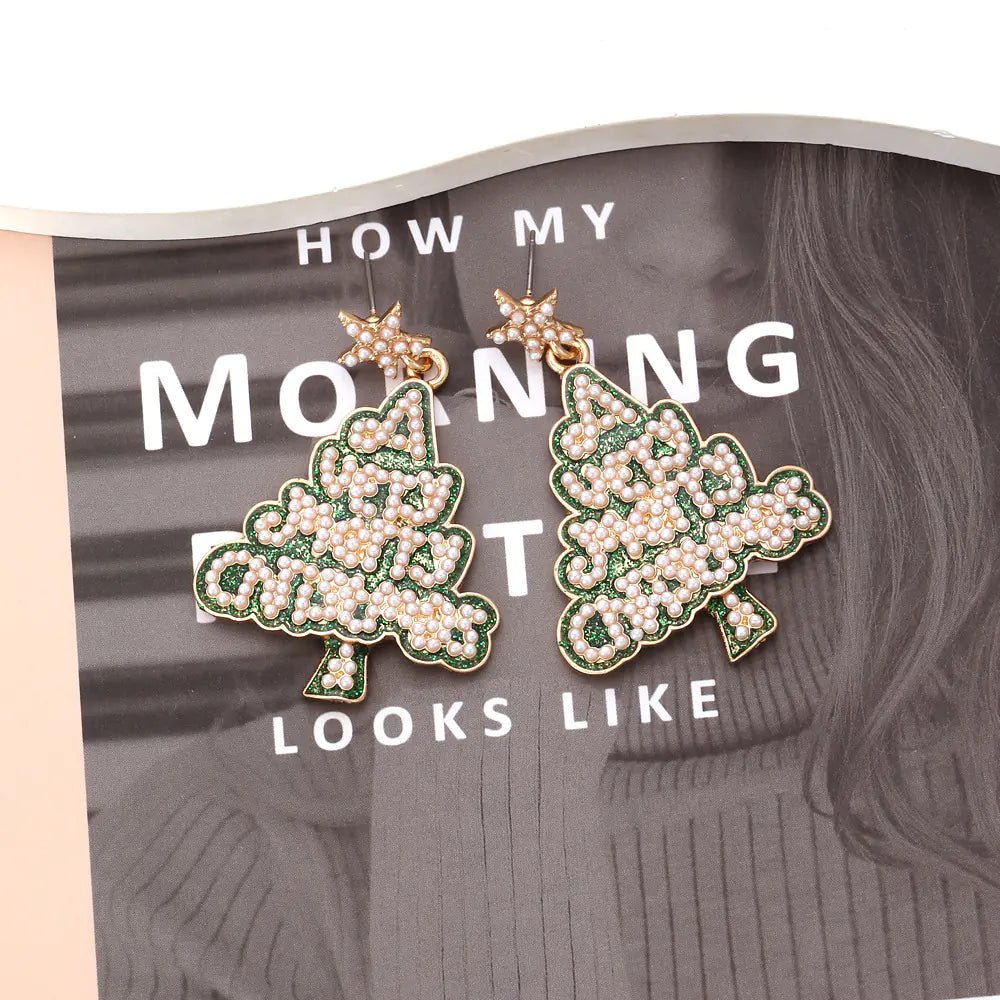 Christmas Tree Earrings - Star, Pearl & Letter Design (Zinc Alloy) - Whimsical Shoppe