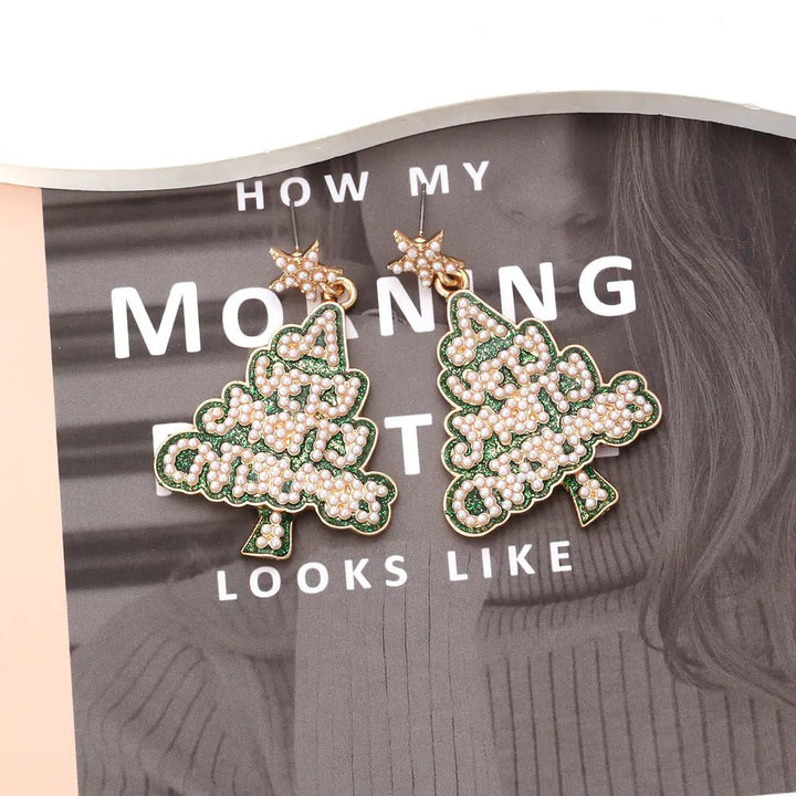 Christmas Tree Earrings - Star, Pearl & Letter Design (Zinc Alloy) - Whimsical Shoppe
