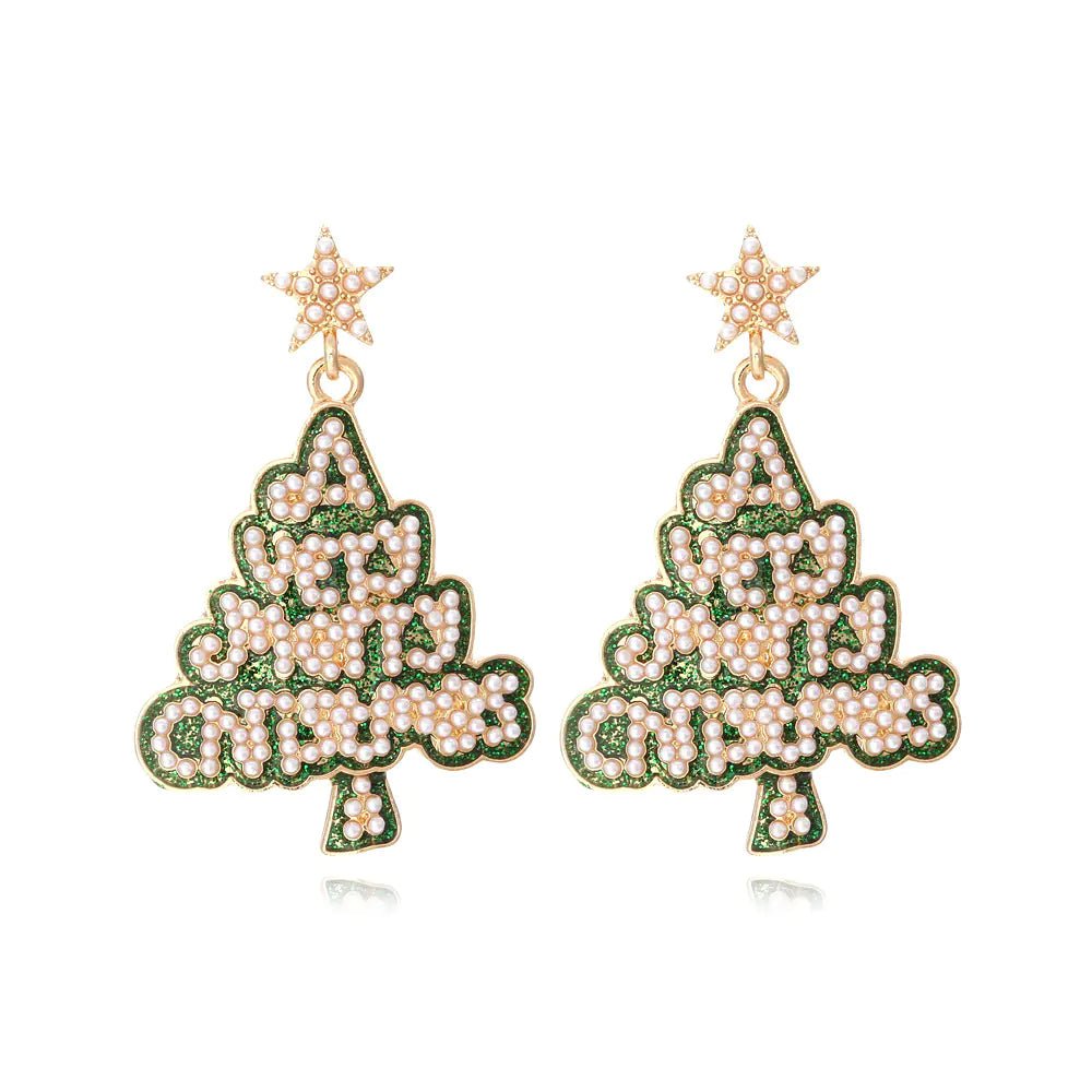 Christmas Tree Earrings - Star, Pearl & Letter Design (Zinc Alloy) - Whimsical Shoppe