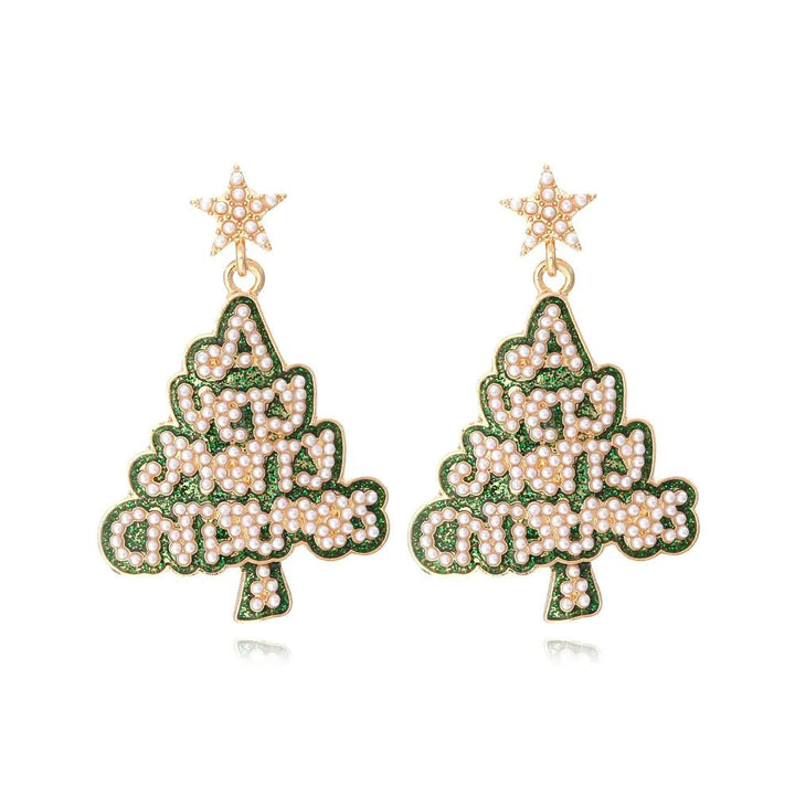 Christmas Tree Earrings - Star, Pearl & Letter Design (Zinc Alloy) - Whimsical Shoppe