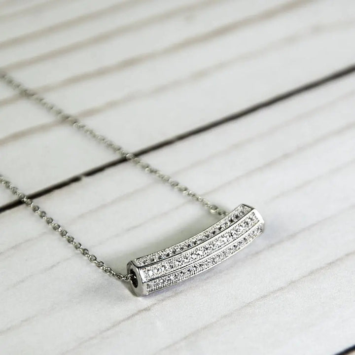 Curved Bar Pendant Necklace – Layered Pavé Crystal Bar with Filigree Detail, Silver - Tone Adjustable Chain - Whimsical Shoppe