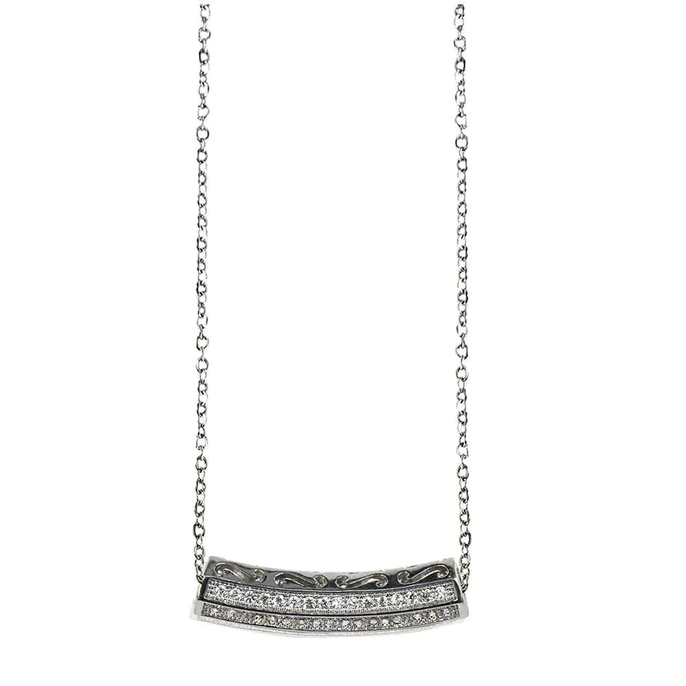 Curved Bar Pendant Necklace – Layered Pavé Crystal Bar with Filigree Detail, Silver - Tone Adjustable Chain - Whimsical Shoppe