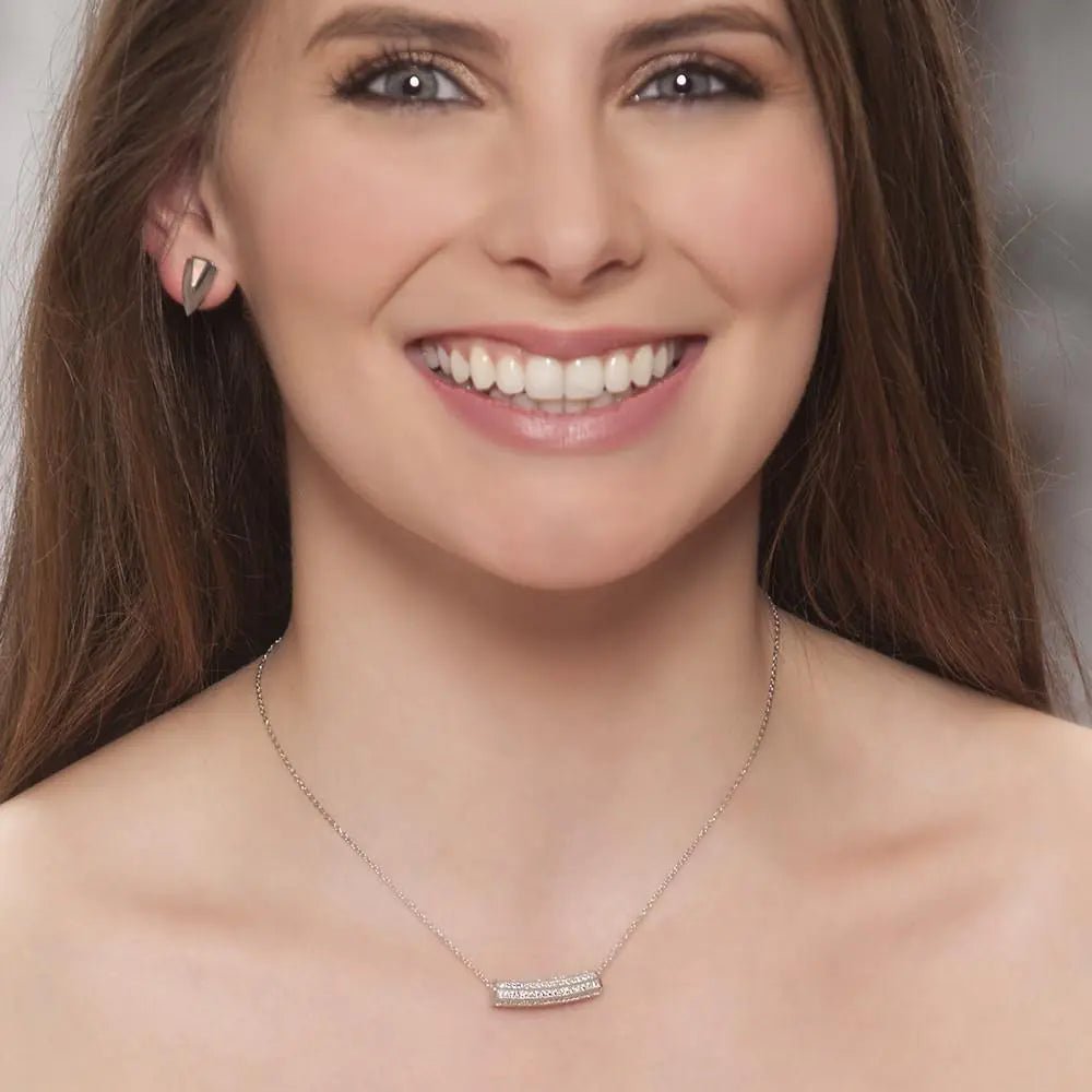 Curved Bar Pendant Necklace – Layered Pavé Crystal Bar with Filigree Detail, Silver - Tone Adjustable Chain - Whimsical Shoppe