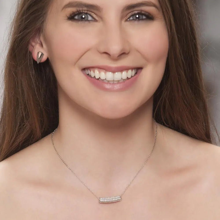 Curved Bar Pendant Necklace – Layered Pavé Crystal Bar with Filigree Detail, Silver - Tone Adjustable Chain - Whimsical Shoppe