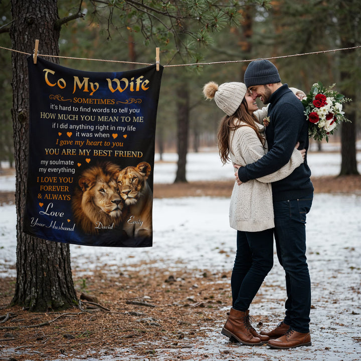 To My Wife Blanket with Lion Couple Design – Personalized Romantic Throw Blanket Gift from Husband, Anniversary or Wedding Keepsake