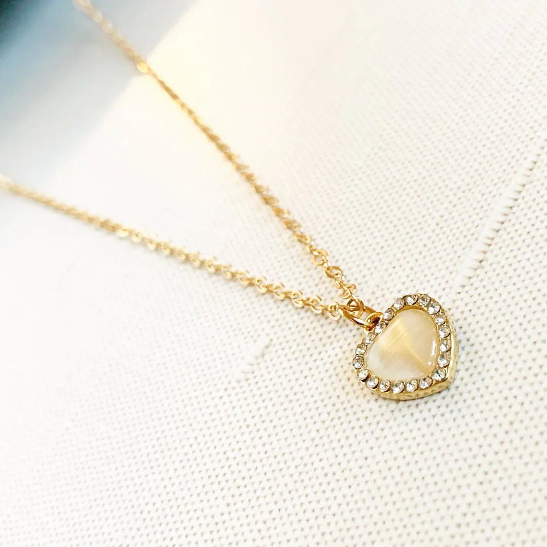 Dawson Heart Pendant Necklace – Gold - Tone Chain with Opaline Heart & Crystal Halo | Dainty Adjustable Necklace - Whimsical Shoppe