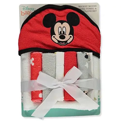 Disney Baby Mickey Mouse Happy Face Print (Hooded Towel with 5 Piece Washcloth Set) - Whimsical Shoppe