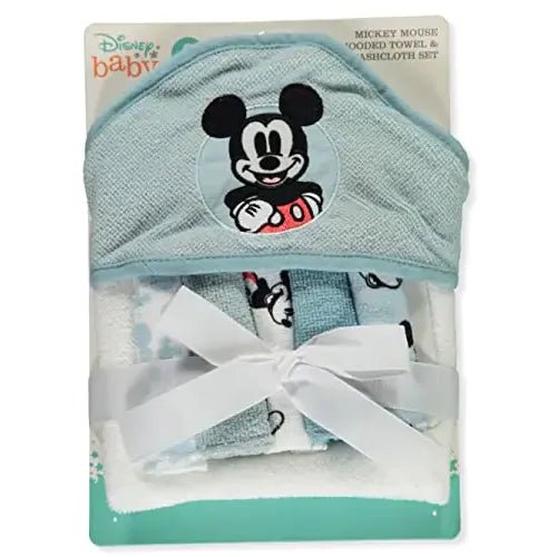 Disney Baby Mickey Mouse Hooded Towel with 5 Piece Washcloth Set Cool Style Print Blue One Size - Whimsical Shoppe