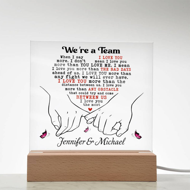 Personalized Valentine LED Acrylic Plaque – “I Love You More” Quote, Custom Names Romantic Light-Up Gift