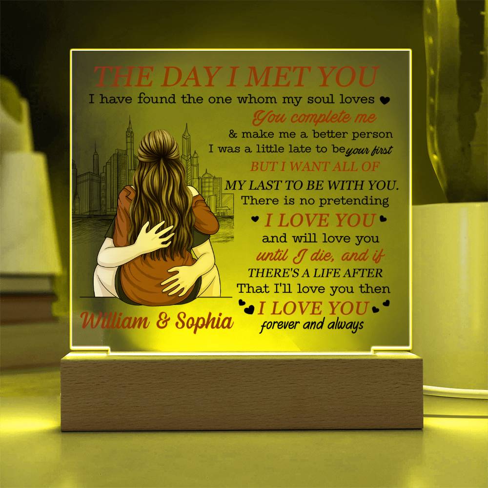 Personalized Valentine LED Acrylic Plaque – The Day I Met You Love Quote, Custom Names Light-Up Romantic Keepsake