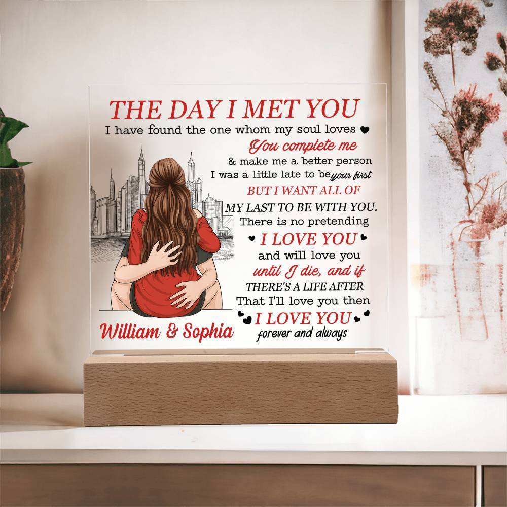 Personalized Valentine LED Acrylic Plaque – The Day I Met You Love Quote, Custom Names Light-Up Romantic Keepsake