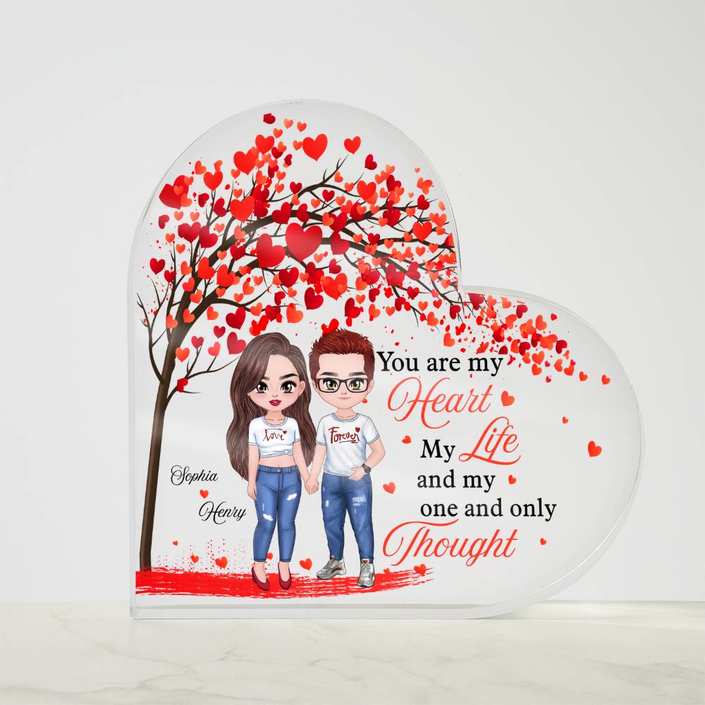 Personalized heart acrylic plaque with custom names and couple clipart. A romantic and meaningful gift for couples, anniversaries, and special occasions.