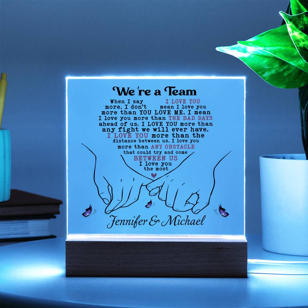 Personalized Valentine LED Acrylic Plaque – “I Love You More” Quote, Custom Names Romantic Light-Up Gift