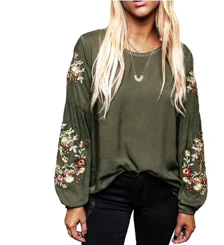 Embroidered Casual Lantern Sleeve Top for Women - Whimsical Shoppe