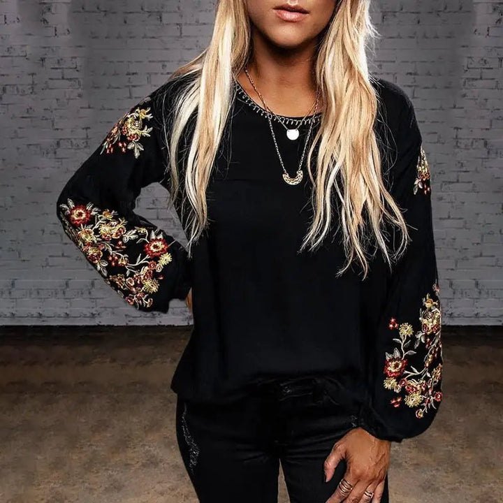 Embroidered Casual Lantern Sleeve Top for Women - Whimsical Shoppe