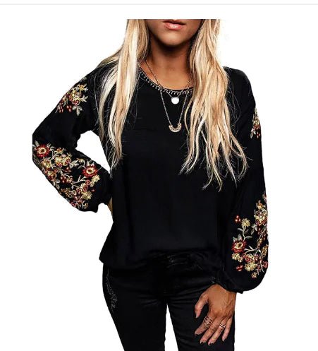 Embroidered Casual Lantern Sleeve Top for Women - Whimsical Shoppe