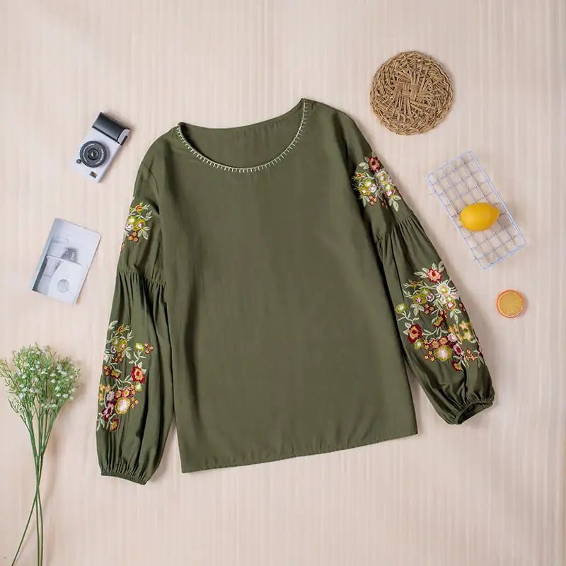 Embroidered Casual Lantern Sleeve Top for Women - Whimsical Shoppe