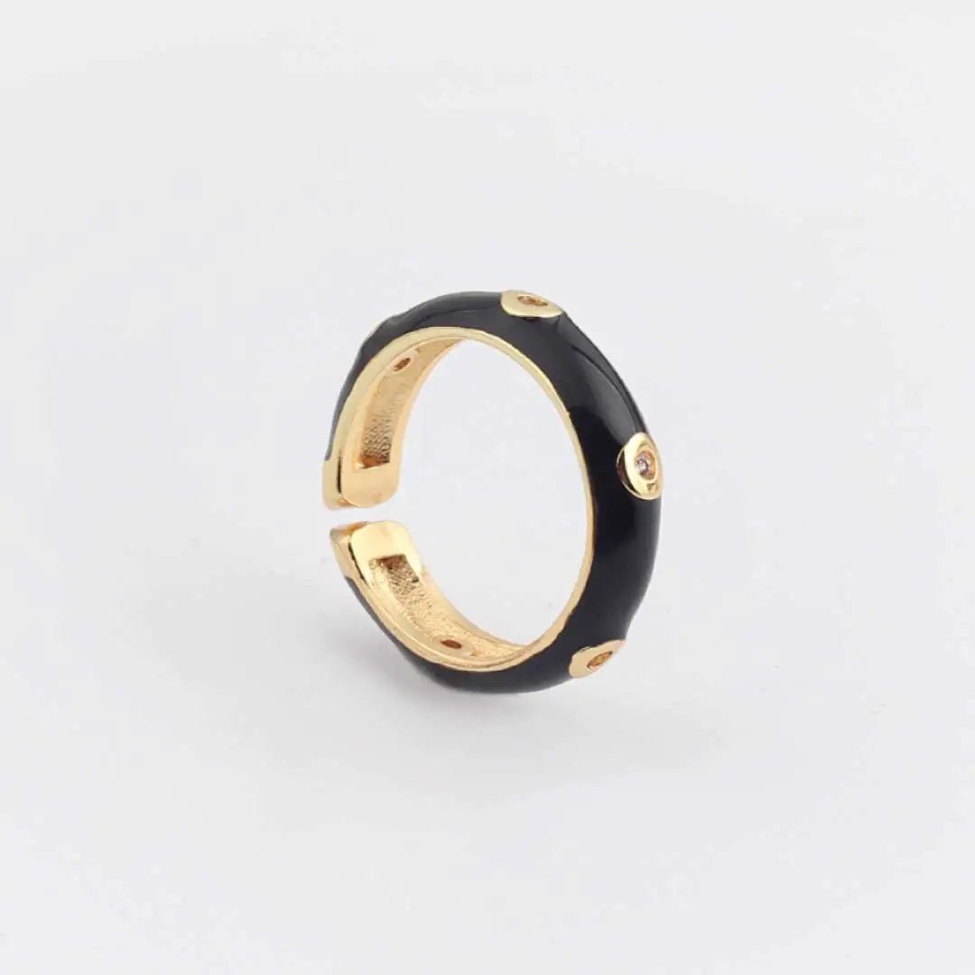Enamel Adjustable Open Ring – Gold - Tone Dome Band with Bezel CZ Accents, Minimalist Stackable Jewelry - Whimsical Shoppe
