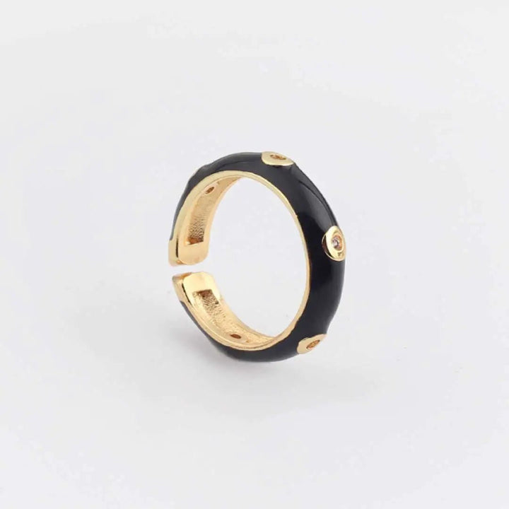 Enamel Adjustable Open Ring – Gold - Tone Dome Band with Bezel CZ Accents, Minimalist Stackable Jewelry - Whimsical Shoppe
