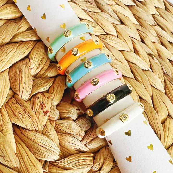 Enamel Adjustable Open Ring – Gold - Tone Dome Band with Bezel CZ Accents, Minimalist Stackable Jewelry - Whimsical Shoppe