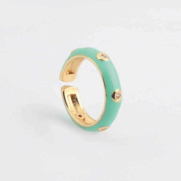 Enamel Adjustable Open Ring – Gold - Tone Dome Band with Bezel CZ Accents, Minimalist Stackable Jewelry - Whimsical Shoppe