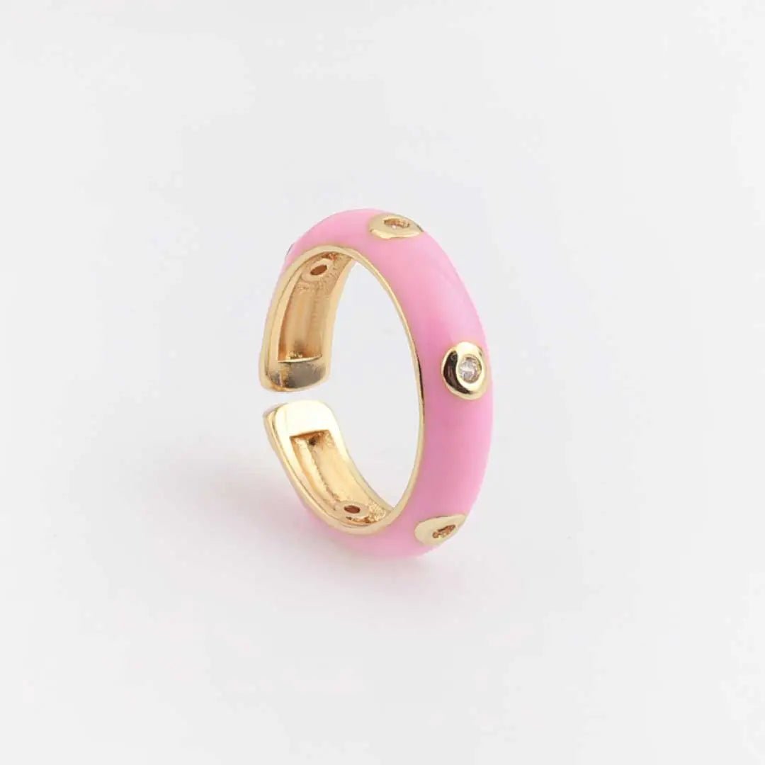 Enamel Adjustable Open Ring – Gold - Tone Dome Band with Bezel CZ Accents, Minimalist Stackable Jewelry - Whimsical Shoppe