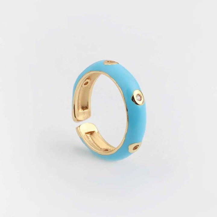 Enamel Adjustable Open Ring – Gold - Tone Dome Band with Bezel CZ Accents, Minimalist Stackable Jewelry - Whimsical Shoppe