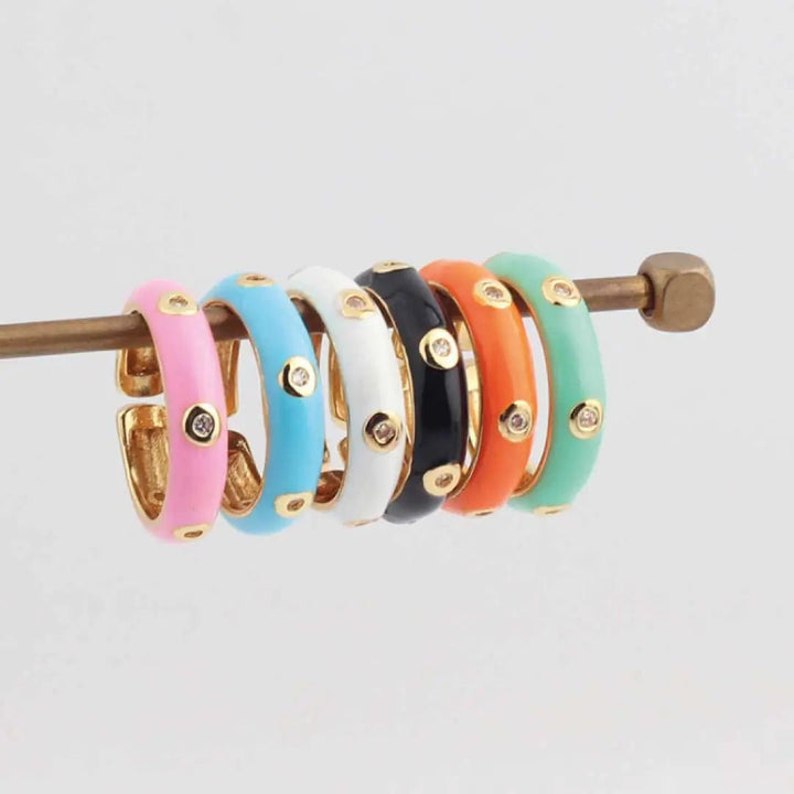 Enamel Adjustable Open Ring – Gold - Tone Dome Band with Bezel CZ Accents, Minimalist Stackable Jewelry - Whimsical Shoppe