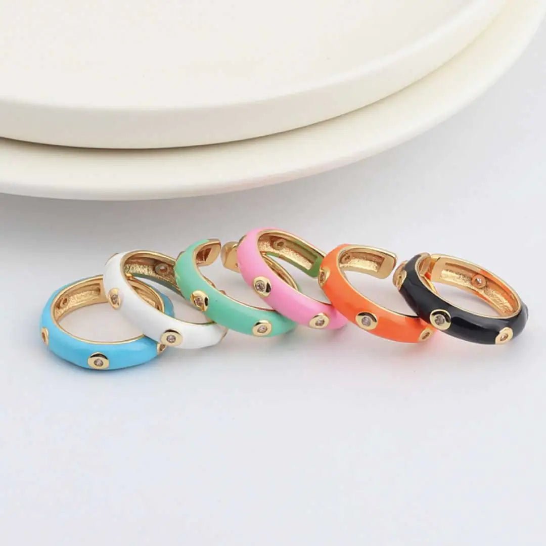 Enamel Adjustable Open Ring – Gold - Tone Dome Band with Bezel CZ Accents, Minimalist Stackable Jewelry - Whimsical Shoppe