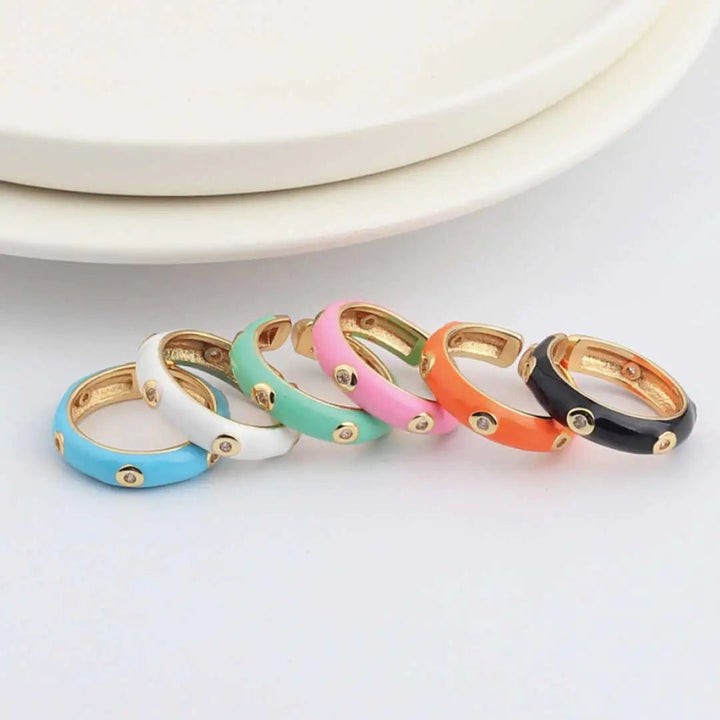 Enamel Adjustable Open Ring – Gold - Tone Dome Band with Bezel CZ Accents, Minimalist Stackable Jewelry - Whimsical Shoppe