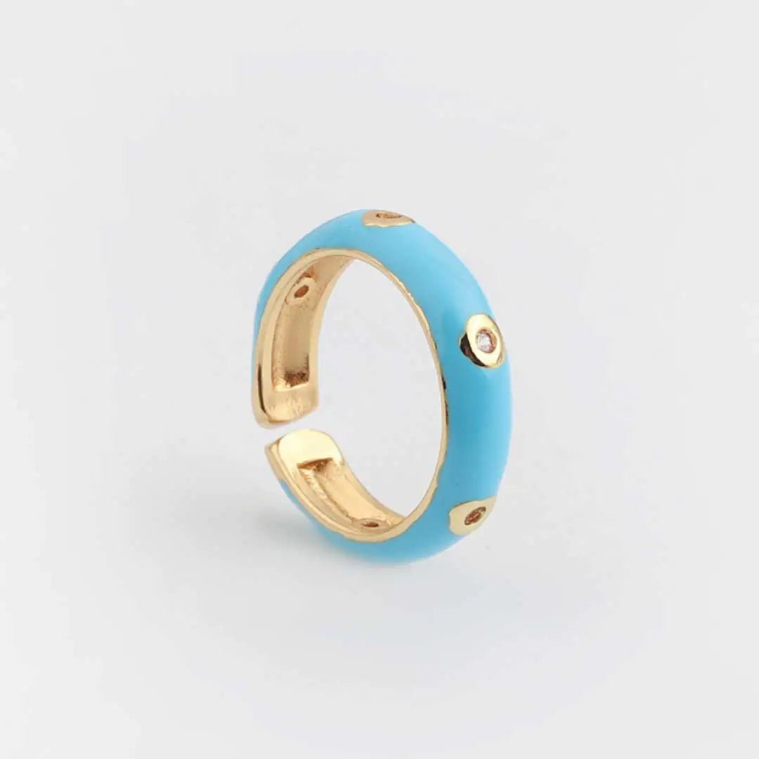 Enamel Adjustable Open Ring – Gold - Tone Dome Band with Bezel CZ Accents, Minimalist Stackable Jewelry - Whimsical Shoppe